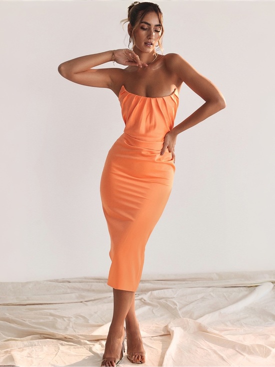 House of CB Dresses & Skirts - House of CB Alora Tangerine Strapless Corset Midi Dress Orange Sz S $255 NWT
